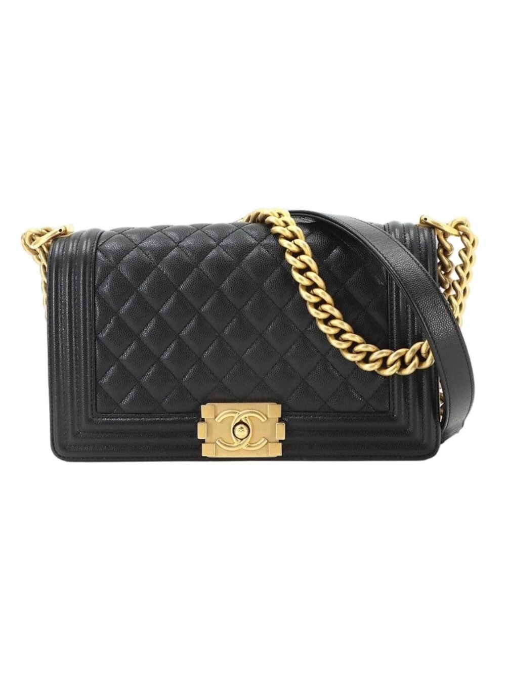 Chanel Boy Chain Shoulder Bag Caviar Leather Black Gold